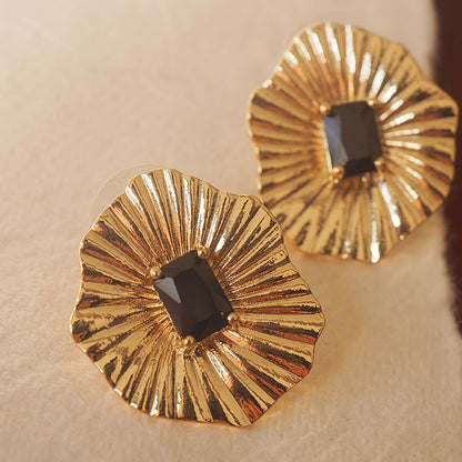 Gold Lotus Wave Textured Earrings with Black Crystal Gemstone