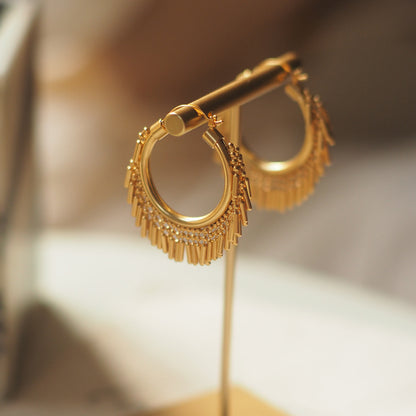 Minimalist Vintage Matte Tassel Hoop Earrings – Gold Plated