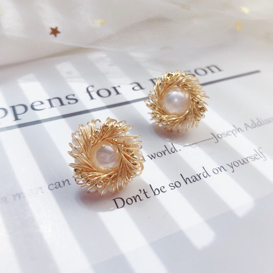 Handcrafted Wire-Wrapped Gold Bead & Freshwater Pearl Stud Earrings