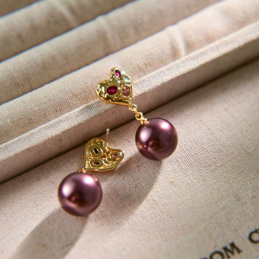Baroque Pearl Drop Earrings with Lava Heart & Colored Cubic Zirconia – Gold Plated