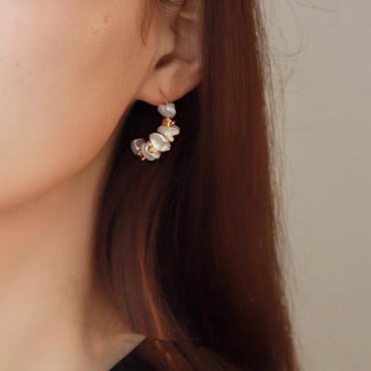 Baroque Pearl Earrings with Silver Flakes & Gold Beads for Travel, Dates & Parties