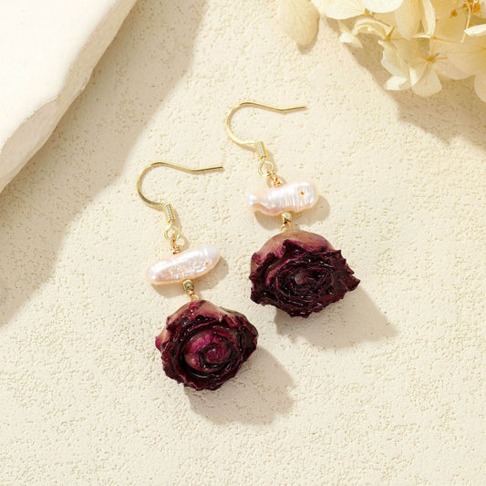 Real Rose Pearl Drop Earrings – Natural Flower Resin Jewelry with Freshwater Pearls