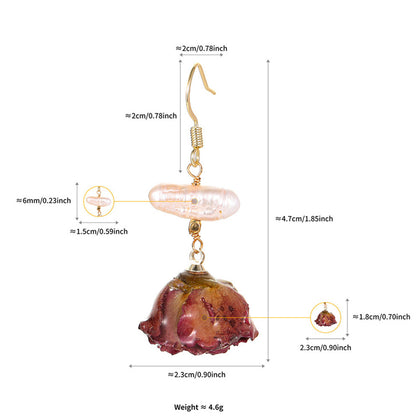 Real Rose Pearl Drop Earrings – Natural Flower Resin Jewelry with Freshwater Pearls