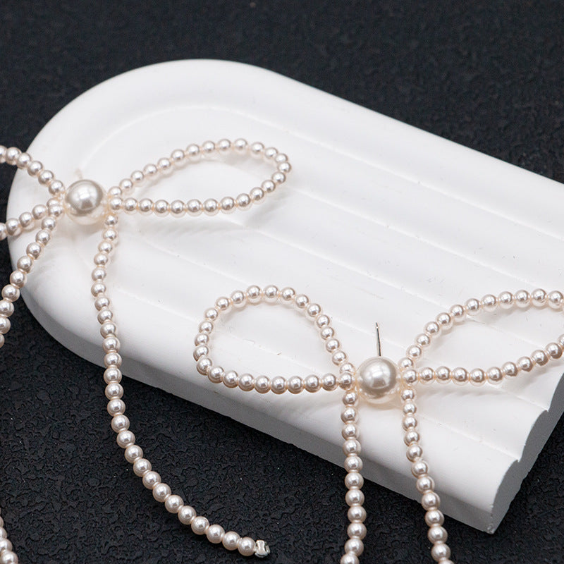 Pearl Bow Tassel Earrings – Oversized Long Statement Dangle with S925 Silver Posts