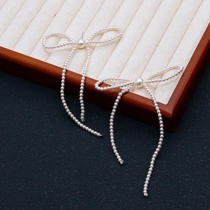 Pearl Bow Tassel Earrings – Oversized Long Statement Dangle with S925 Silver Posts