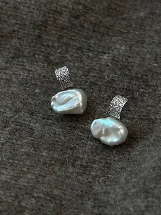 Unique Baroque Pearl Stud Earrings – 10mm Natural Irregular Pearls with Sterling Silver & Zircon Accents