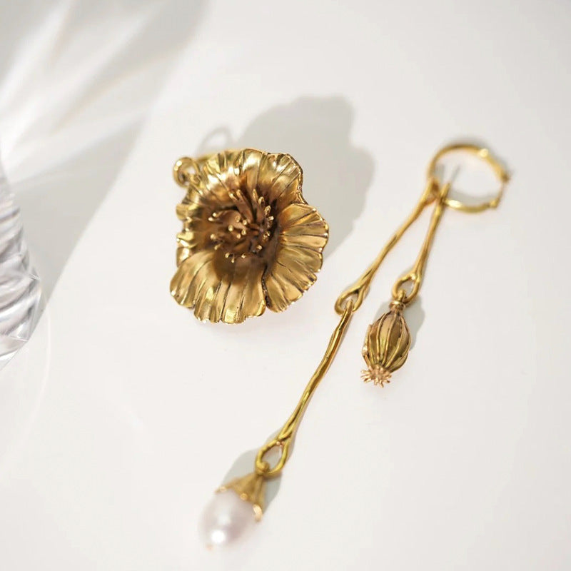 Vintage Gold Asymmetric Flower Petal Pearl Earrings – Jewelry for Women/Party/Girl friend