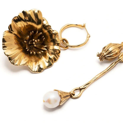Vintage Gold Asymmetric Flower Petal Pearl Earrings – Jewelry for Women/Party/Girl friend