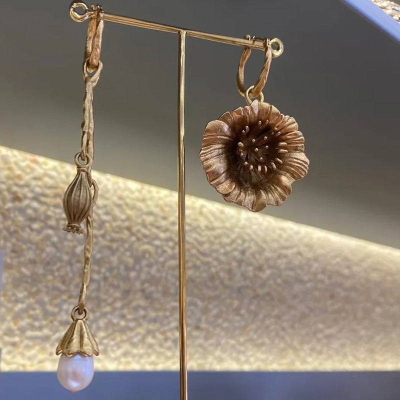 Vintage Gold Asymmetric Flower Petal Pearl Earrings – Jewelry for Women/Party/Girl friend