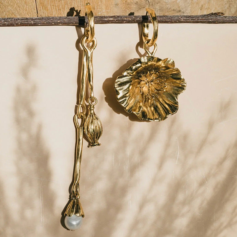 Vintage Gold Asymmetric Flower Petal Pearl Earrings – Jewelry for Women/Party/Girl friend