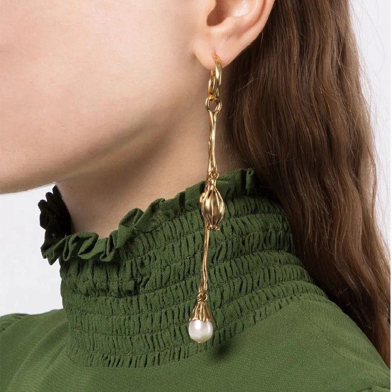 Vintage Gold Asymmetric Flower Petal Pearl Earrings – Jewelry for Women/Party/Girl friend