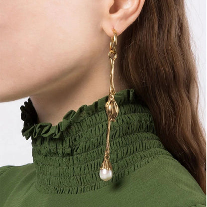 Vintage Gold Asymmetric Flower Petal Pearl Earrings – Jewelry for Women/Party/Girl friend