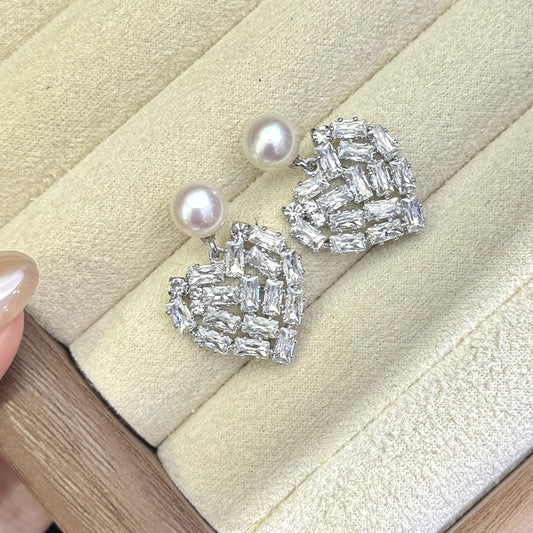 Heart-Shaped Zircon Stud Earrings with Freshwater Pearls –  Pearl Jewelry for Women