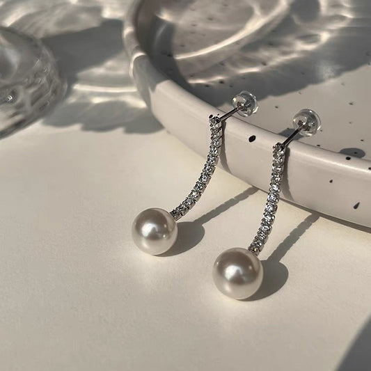 Classic Round Freshwater Pearl Long Drop Earrings with Zircon