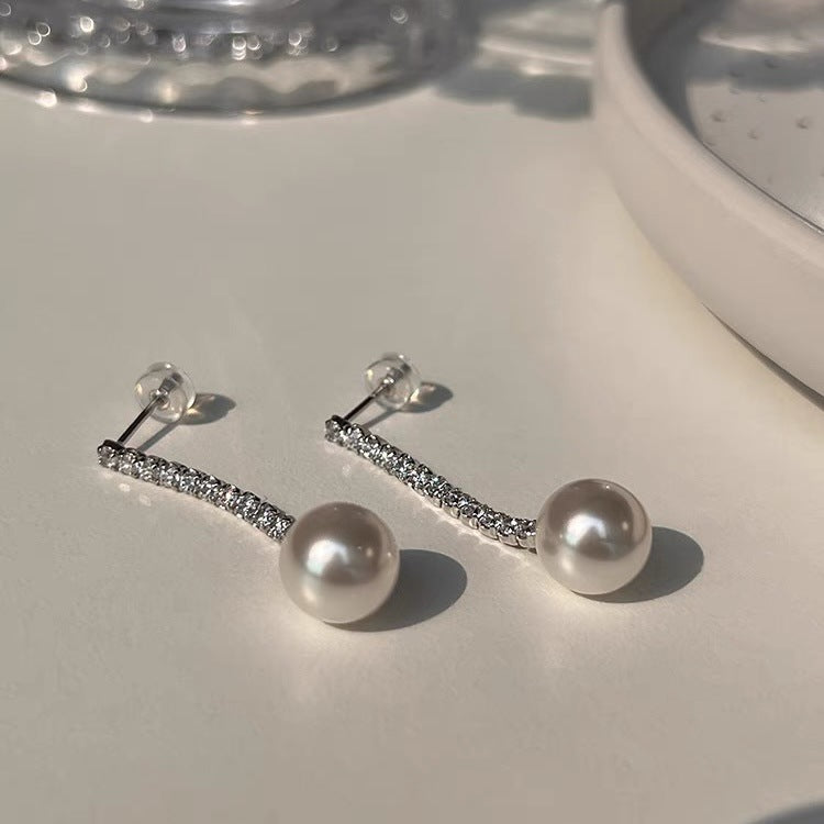 Classic Round Freshwater Pearl Long Drop Earrings with Zircon
