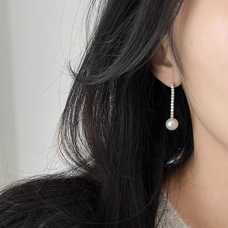 Classic Round Freshwater Pearl Long Drop Earrings with Zircon