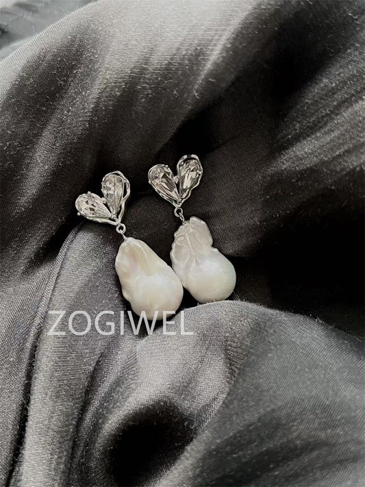 Freshwater Baroque Pearl Drop Earrings with Heart