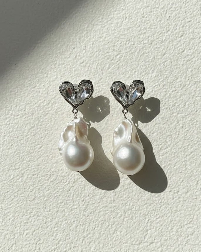 large baroque Pearl drop earrings with cubic zircon heart