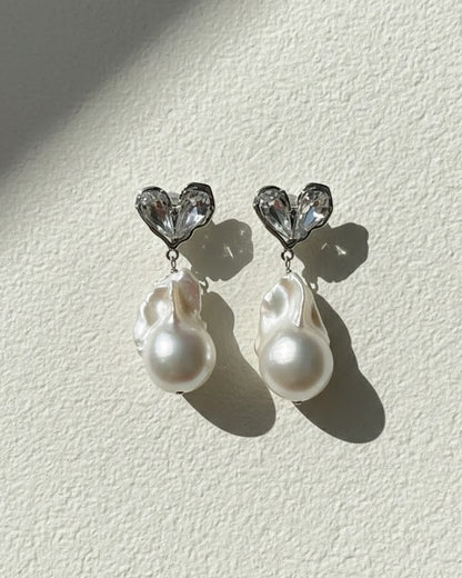 large baroque Pearl drop earrings with cubic zircon heart