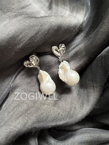 Freshwater Baroque Pearl Drop Earrings with Heart