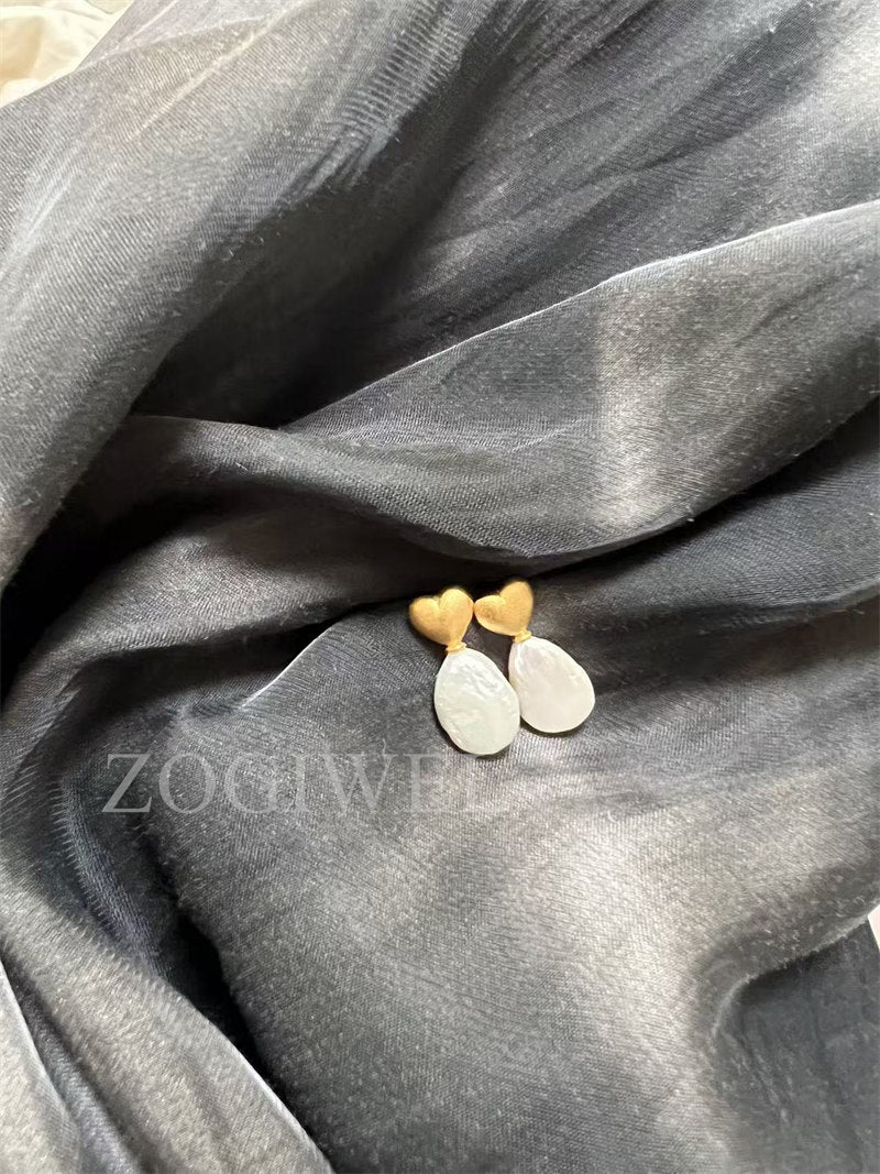 Freshwater Baroque Pearl Drop Earrings with Gold Heart