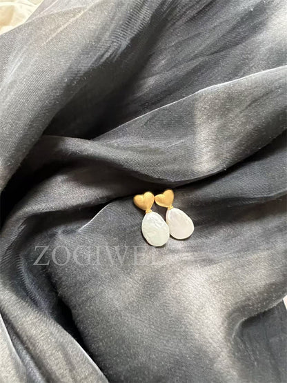 Freshwater Baroque Pearl Drop Earrings with Gold Heart