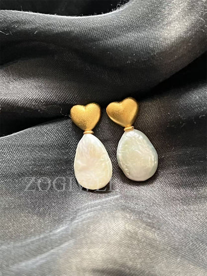 Freshwater Baroque Pearl Drop Earrings with Gold Heart