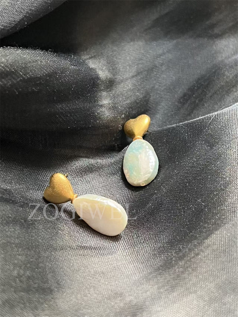 Freshwater Baroque Pearl Drop Earrings with Gold Heart