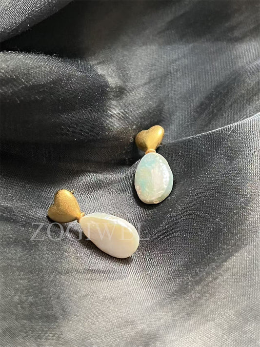 Freshwater Baroque Pearl Drop Earrings with Gold Heart