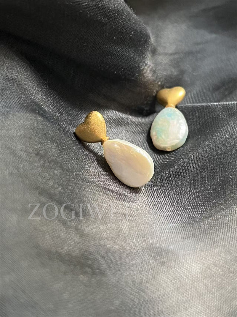 Freshwater Baroque Pearl Drop Earrings with Gold Heart