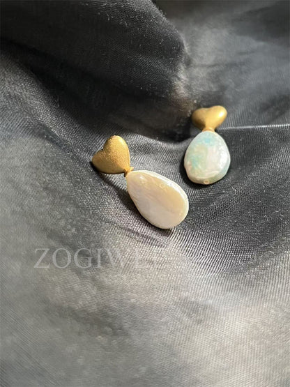 Freshwater Baroque Pearl Drop Earrings with Gold Heart