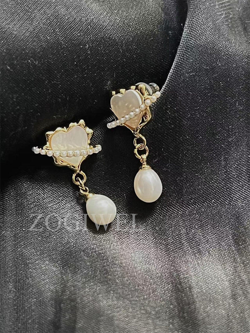 Freshwater Teardrop Pearl & Heart Mother of Pearl Drop Earrings