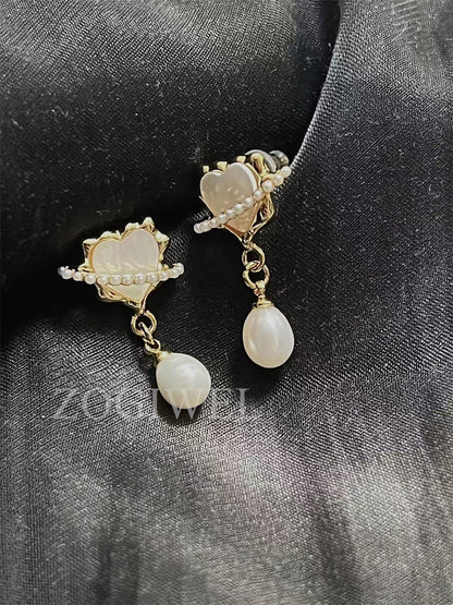 Freshwater Teardrop Pearl & Heart Mother of Pearl Drop Earrings