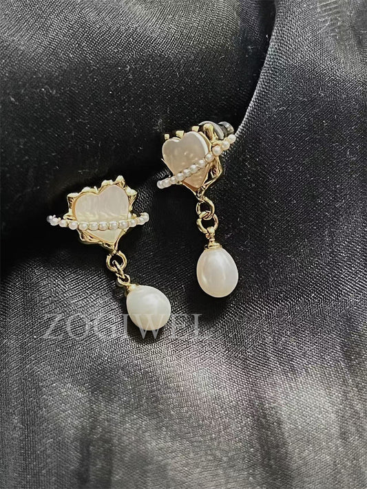 Freshwater Teardrop Pearl & Heart Mother of Pearl Drop Earrings