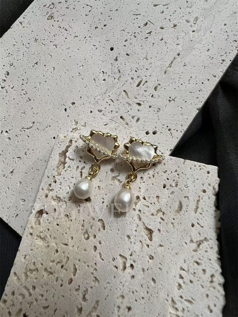 Freshwater Teardrop Pearl & Heart Mother of Pearl Drop Earrings