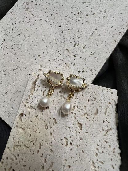Freshwater Teardrop Pearl & Heart Mother of Pearl Drop Earrings