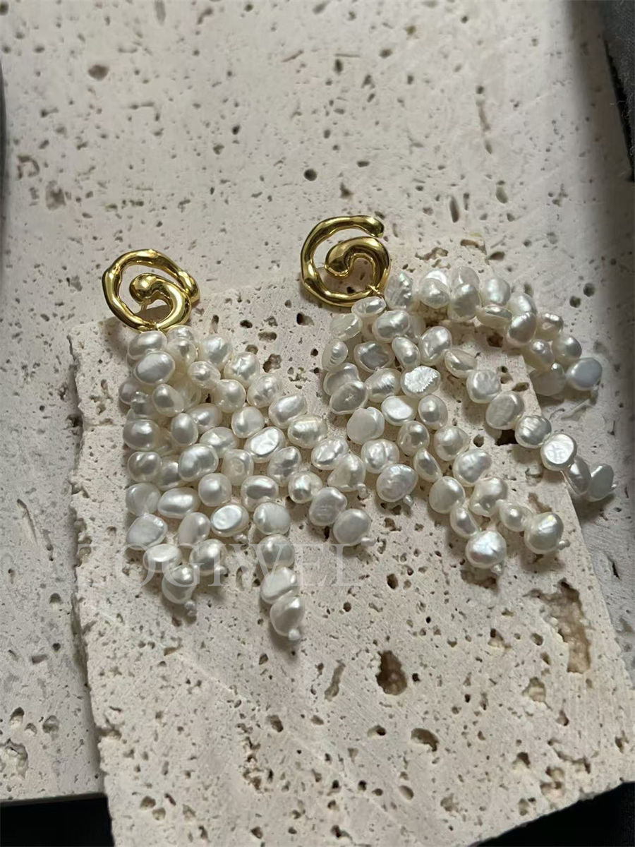 Baroque Rice Pearl Cluster Drop Earrings