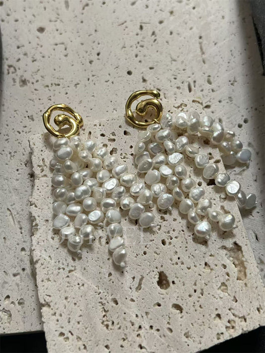 Baroque Rice Pearl Cluster Drop Earrings