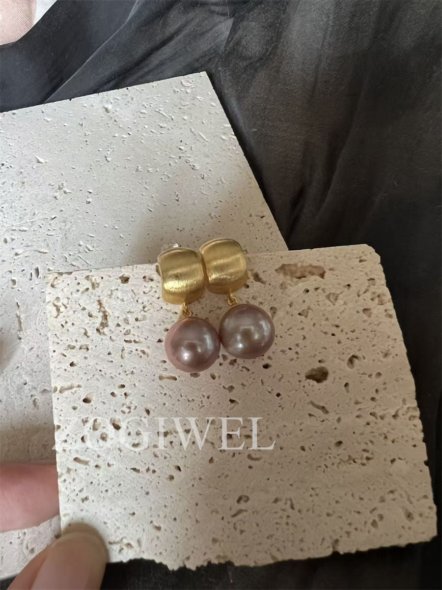 Purple Pearl Drop Gold Earrings