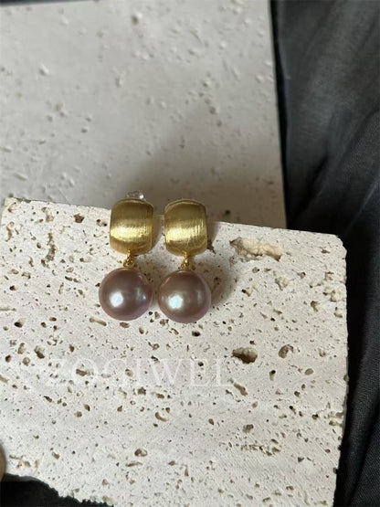 Purple Pearl Drop Gold Earrings