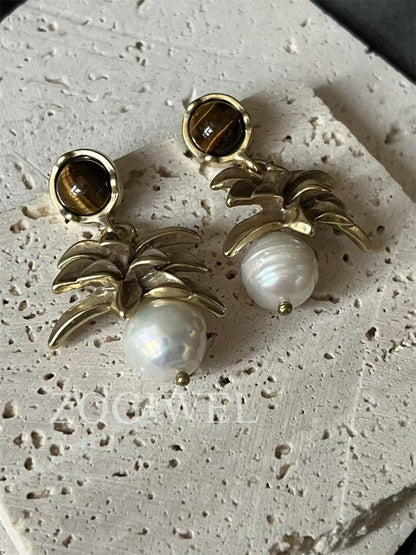 Baroque Pearl & Tiger's Eye Drop Earrings