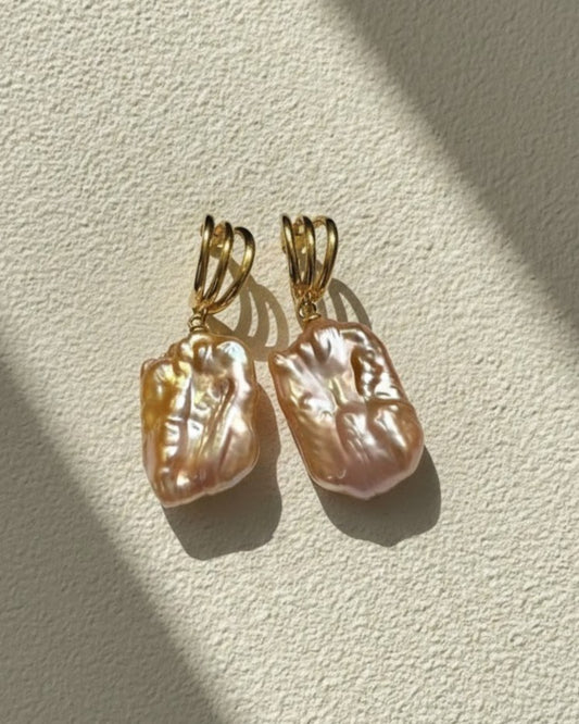gold and pink orange flat baroque pearl drop earrings