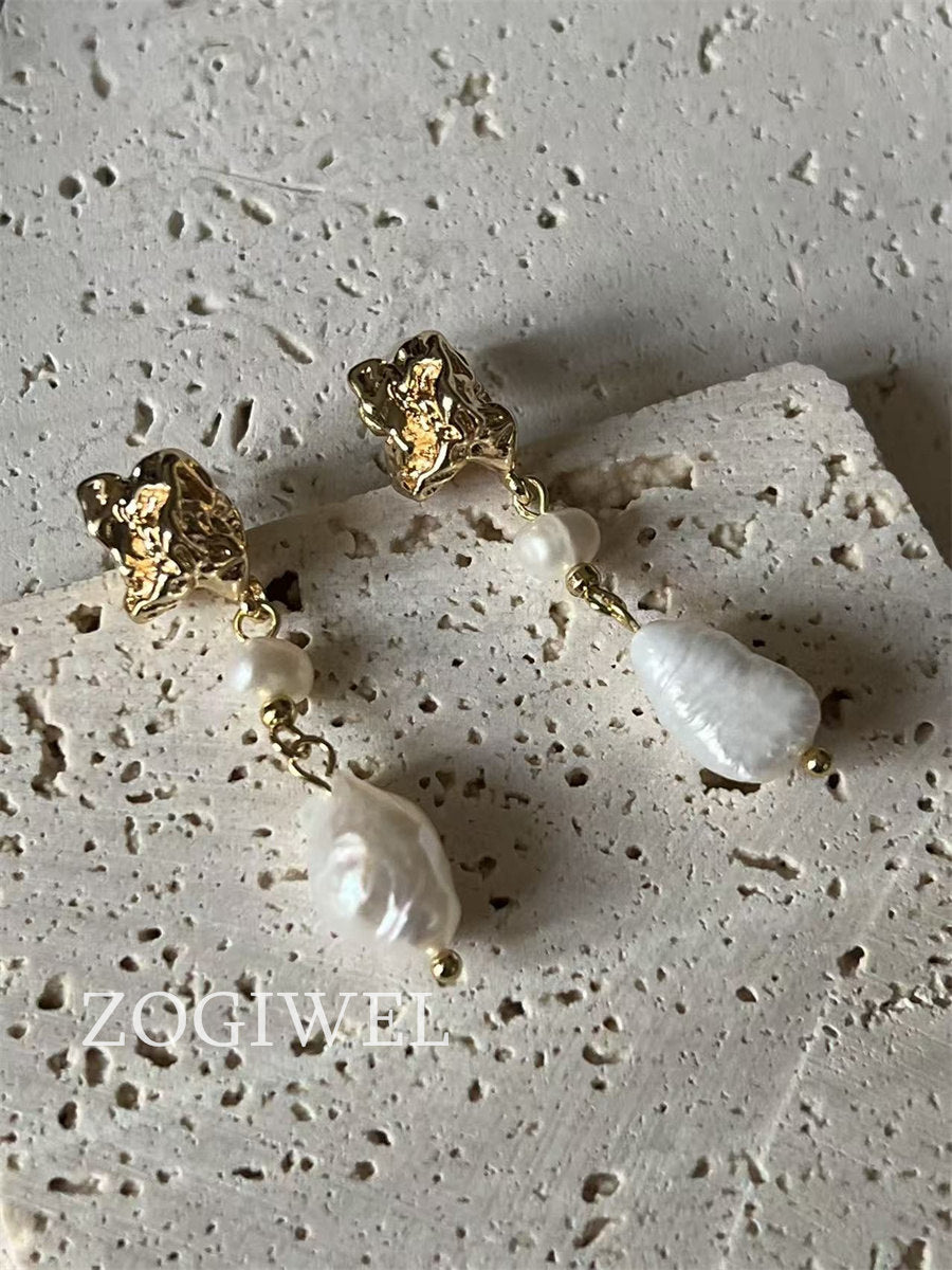 Baroque Pearl Drop Earrings with Gold Accents