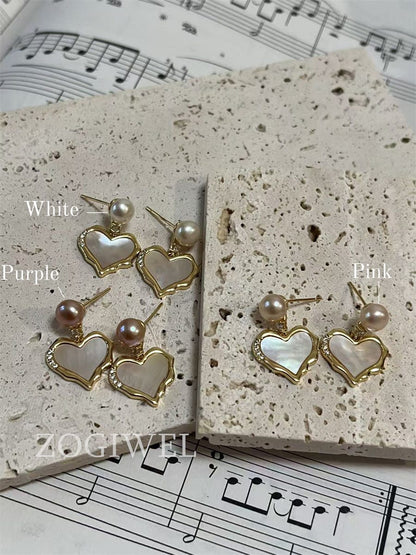 Freshwater Pearl & Heart Mother of Pearl Drop Earrings