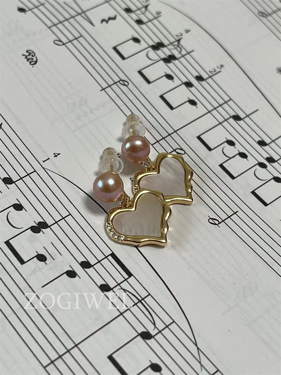 Freshwater Pearl & Heart Mother of Pearl Drop Earrings