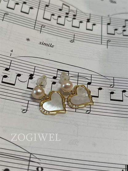 Freshwater Pearl & Heart Mother of Pearl Drop Earrings