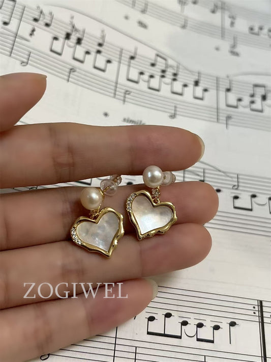 Freshwater Pearl & Heart Mother of Pearl Drop Earrings