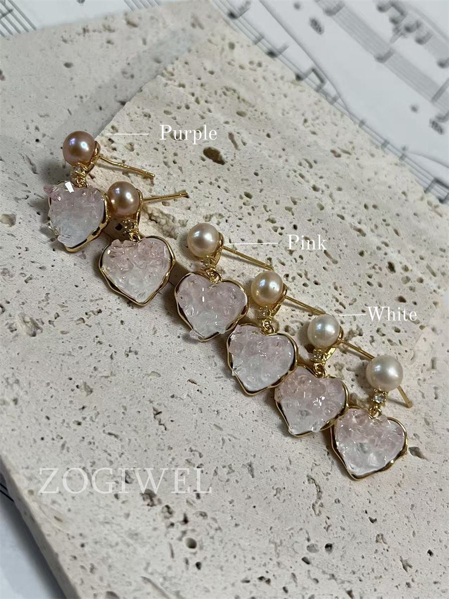 Pink Heart Drop Earrings with Freshwater Pearl