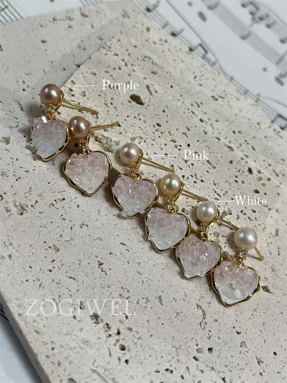 Pink Heart Drop Earrings with Freshwater Pearl