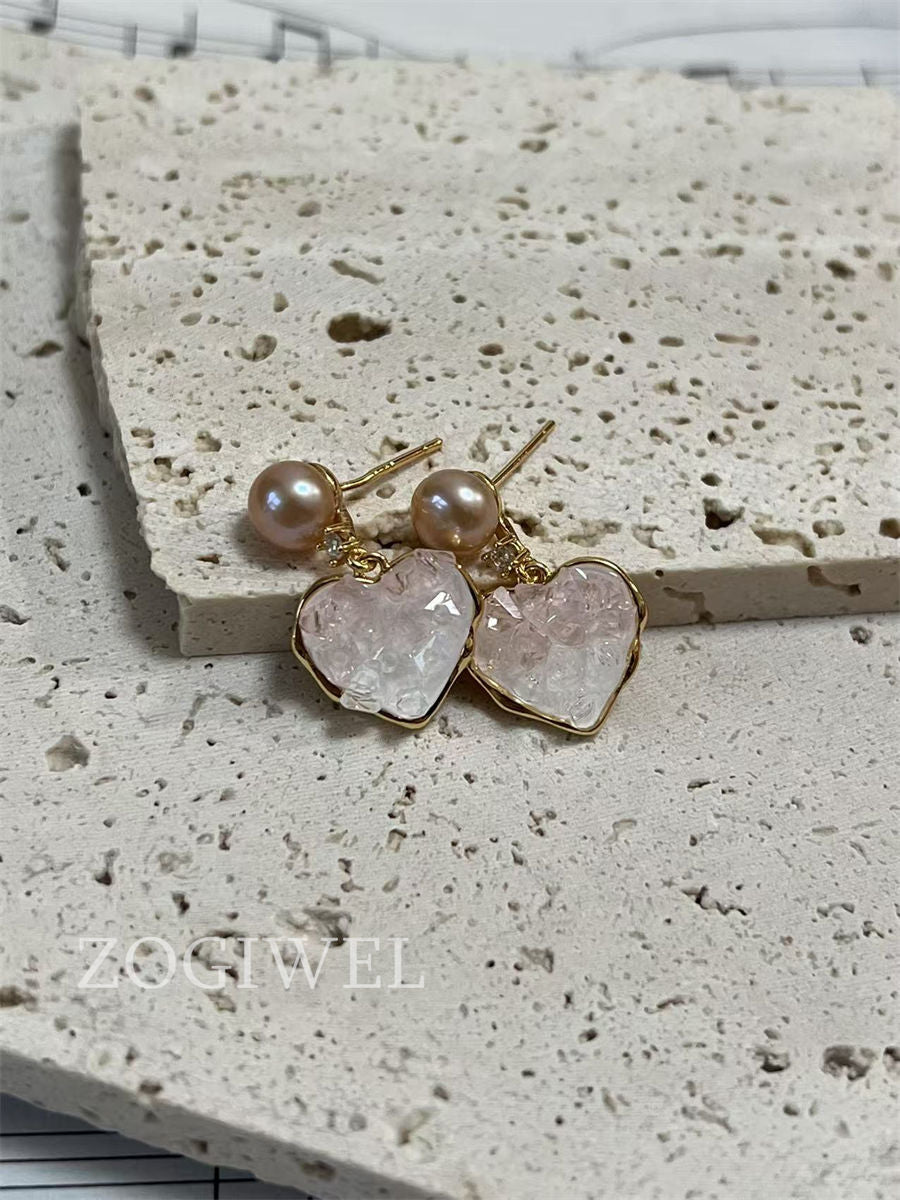 Pink Heart purple pearl drop Earrings 